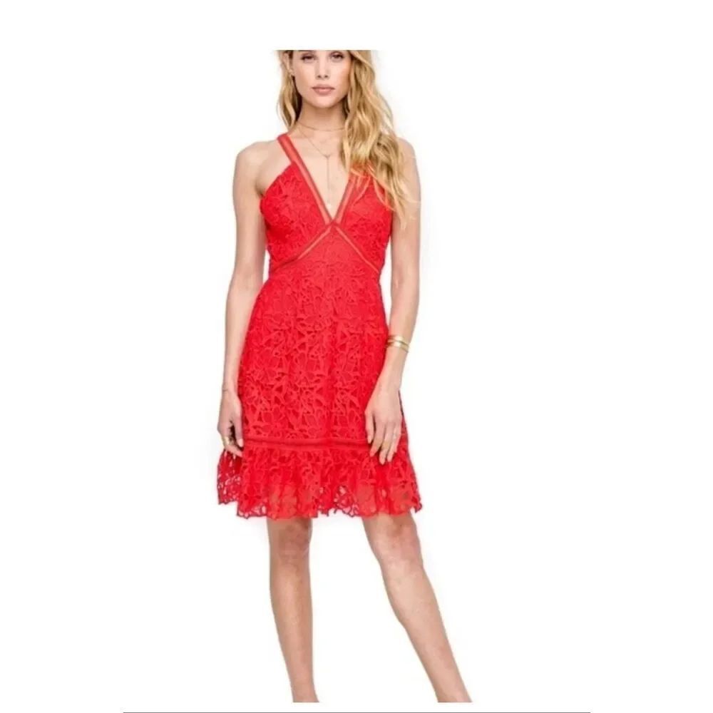 ASTR The Label Lattice Inset Lace Mini Dress Red Size Small